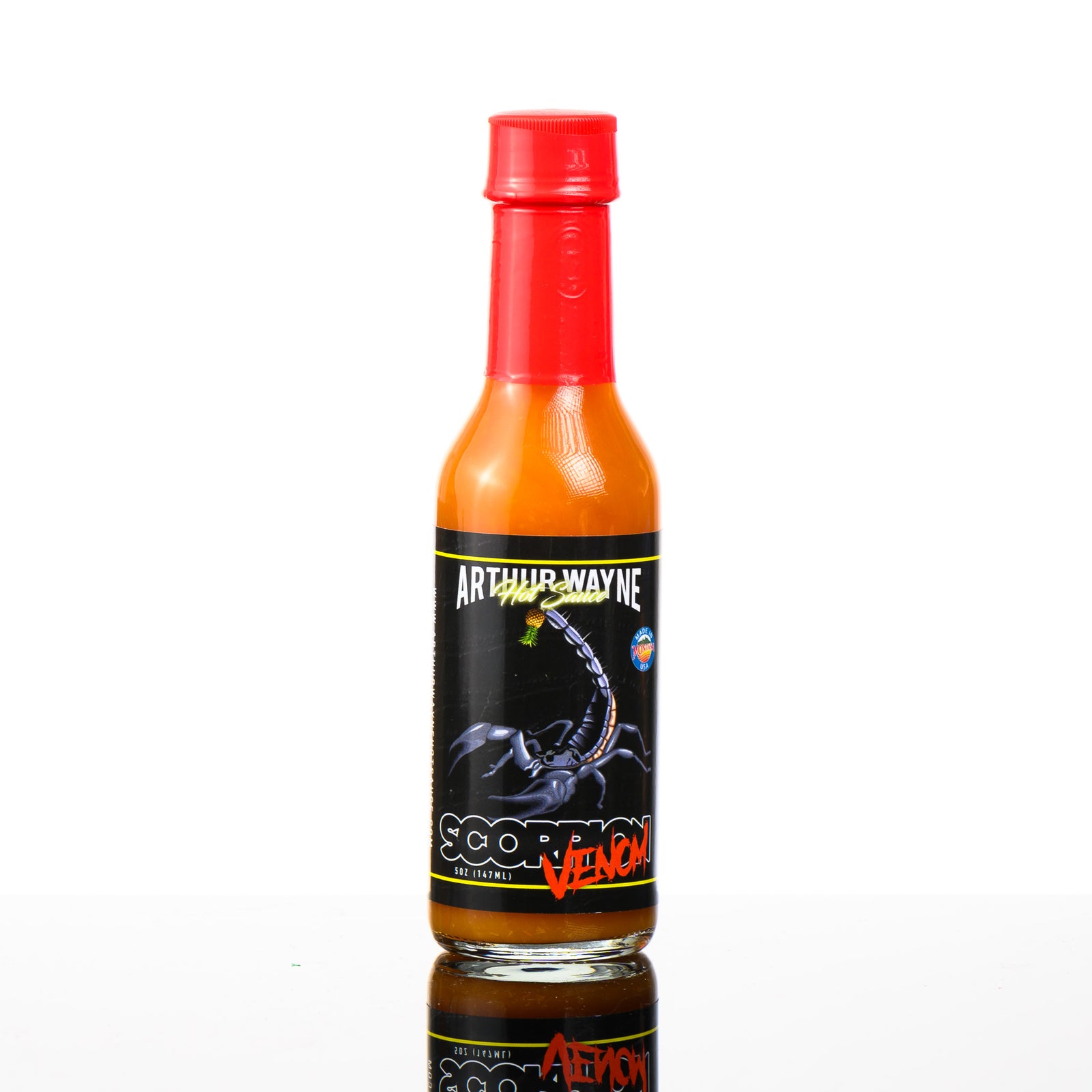 5 oz. Bottle of Scorpion Venom Hot Sauce, with scorpion moruga peppers, pineapple, honey, and lemon, made in Montana by Arthur Wayne Hot Sauce