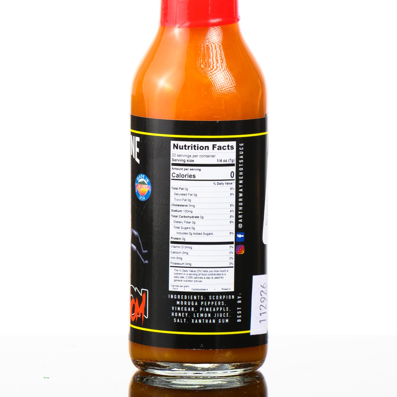 5 oz. Bottle of Scorpion Venom Hot Sauce, with scorpion moruga peppers, pineapple, honey, and lemon, made in Montana by Arthur Wayne Hot Sauce
