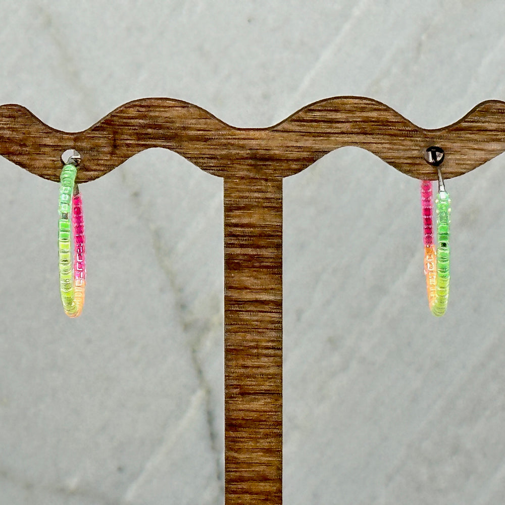 Pair of Beaded Stainless Steel Hoop Earrings, handmade in Montana USA by Aurum Shimmer (neon)