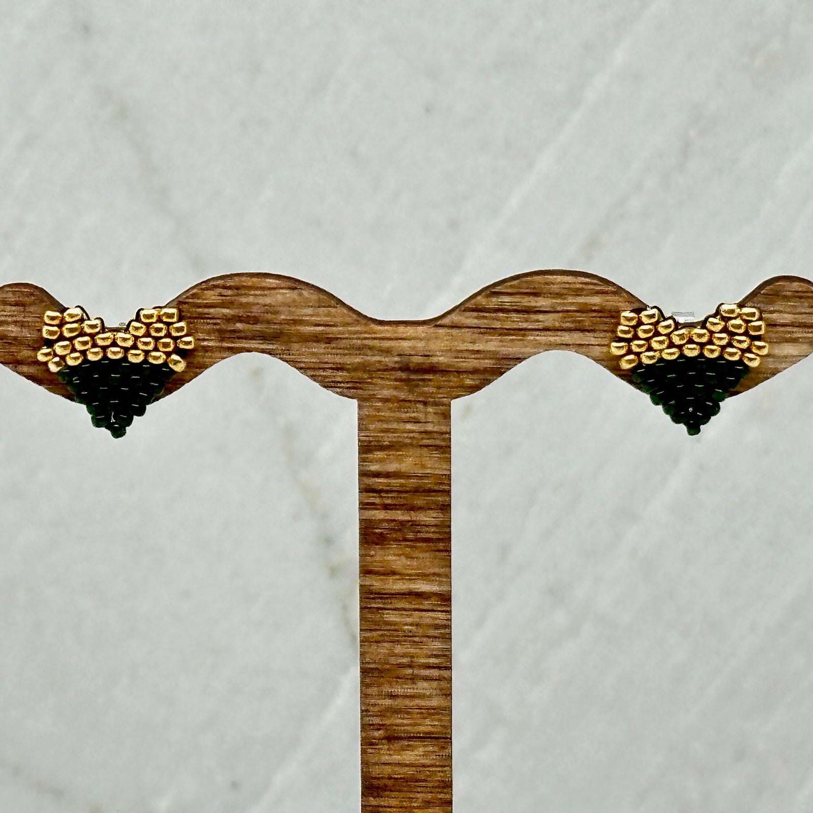 Pair of Heart Beaded Earrings with Stainless Steel Studs, handmade in Montana USA by Aurum Shimmer (green and gold)