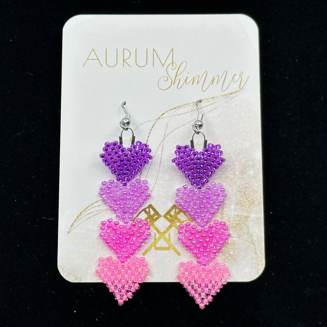 Pair of Ombre Heart Stack Beaded Earrings with Stainless Steel Wires handmade in Montana USA by Aurum Shimmer, on card