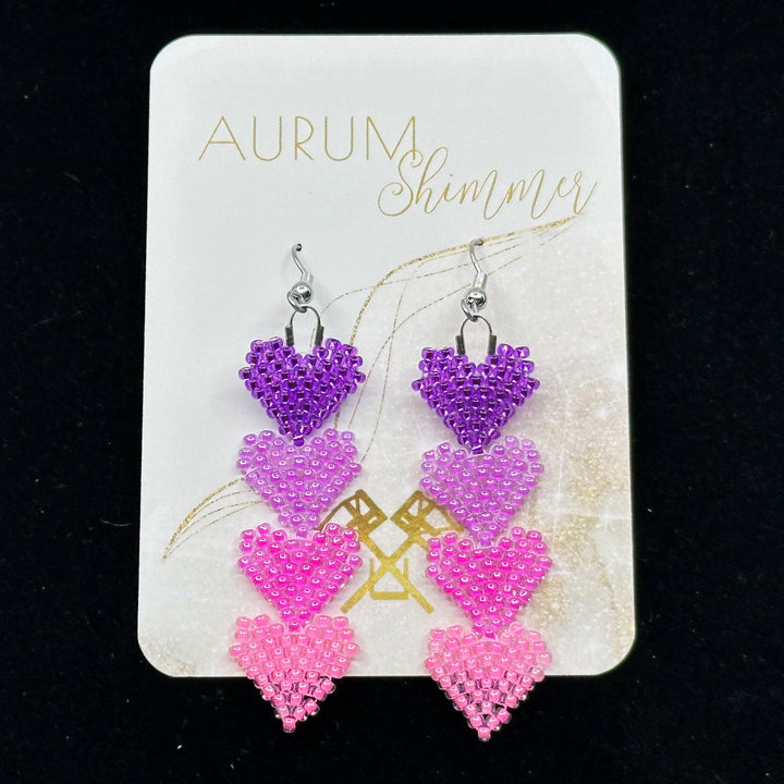 Pair of Ombre Heart Stack Beaded Earrings with Stainless Steel Wires handmade in Montana USA by Aurum Shimmer, on card