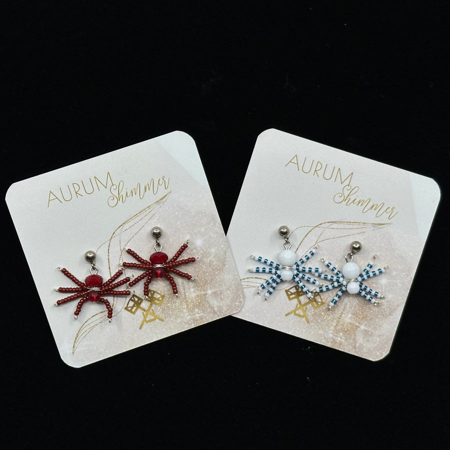 Two pairs of Spider Beaded Earrings with Stainless Steel Studs, handmade in Montana USA by Aurum Shimmer (assorted colors), on cards