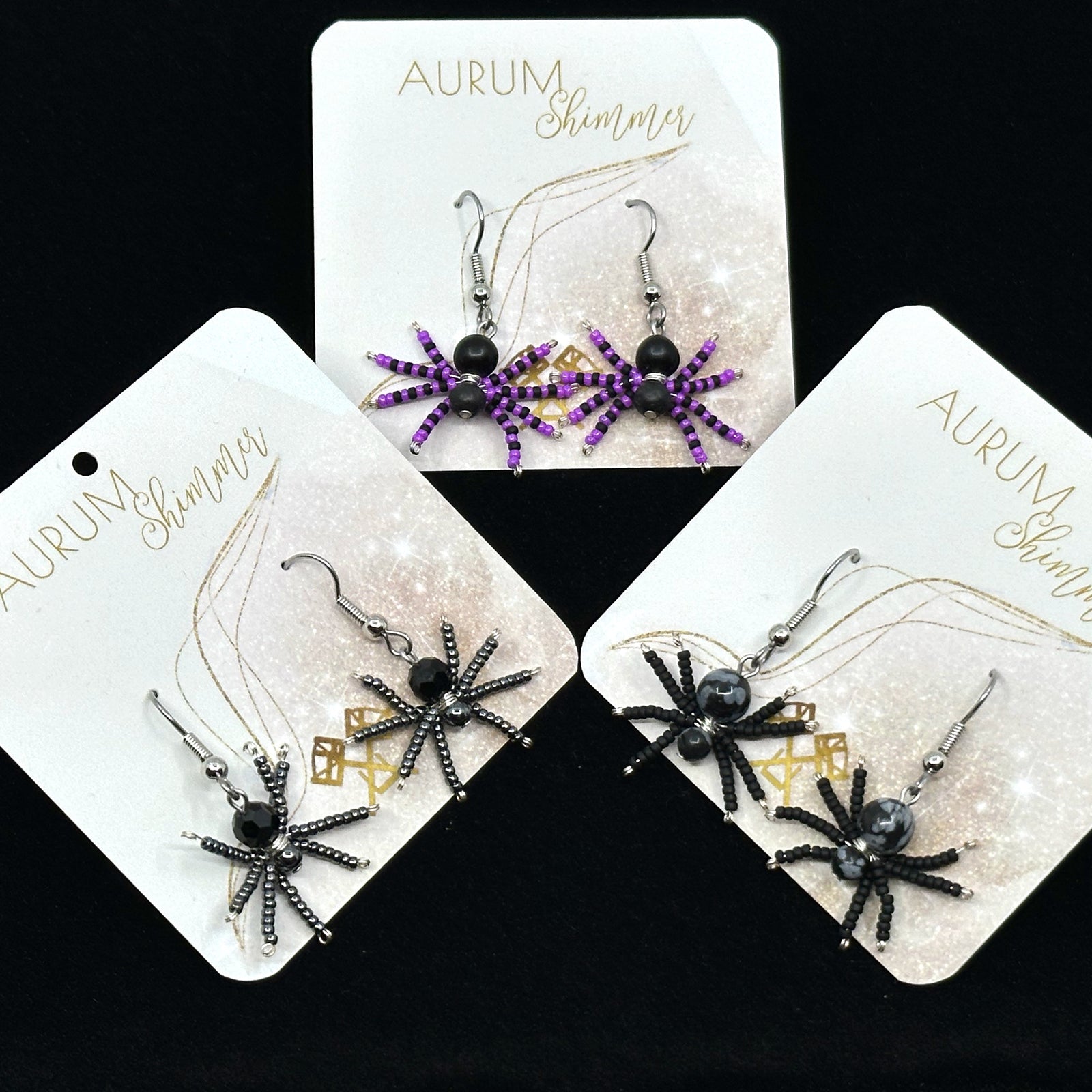 3 pairs of Spider Beaded Earrings with Stainless Steel Wires (assorted colors), handmade in Montana USA by Aurum Shimmer, on cards