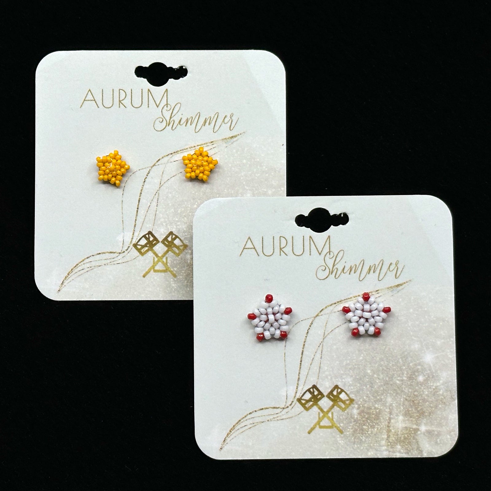 Star Beaded Earrings with Stainless Steel Studs, handmade in Montana USA by Aurum Shimmer (2 pairs), on cards