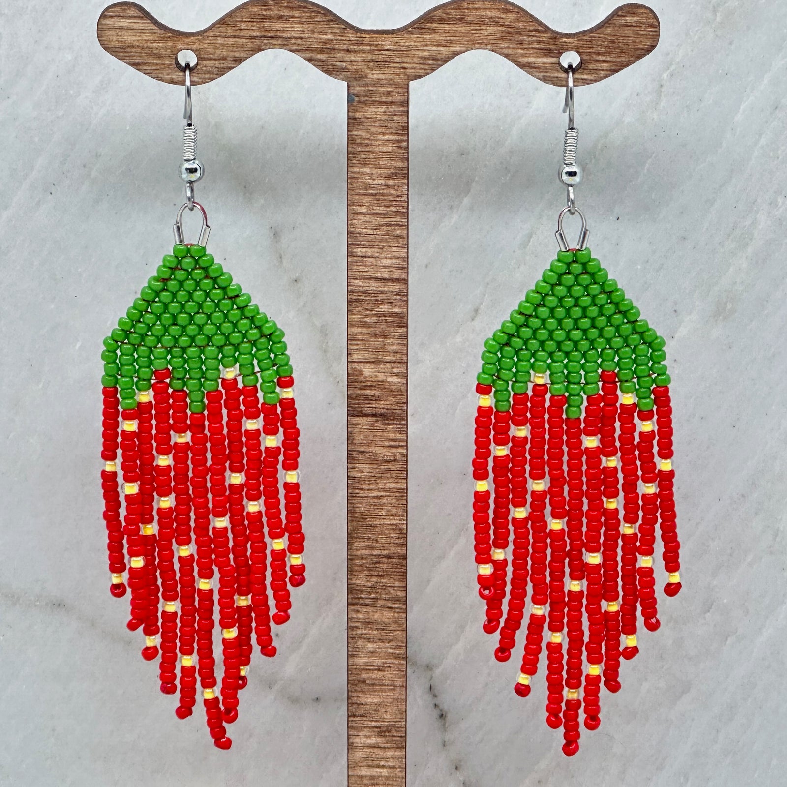 Pair of Strawberry Beaded Fringe Earrings with Stainless Steel Wires handmade in Montana USA by Aurum Shimmer