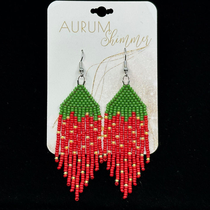 Pair of Strawberry Beaded Fringe Earrings with Stainless Steel Wires handmade in Montana USA by Aurum Shimmer, on card