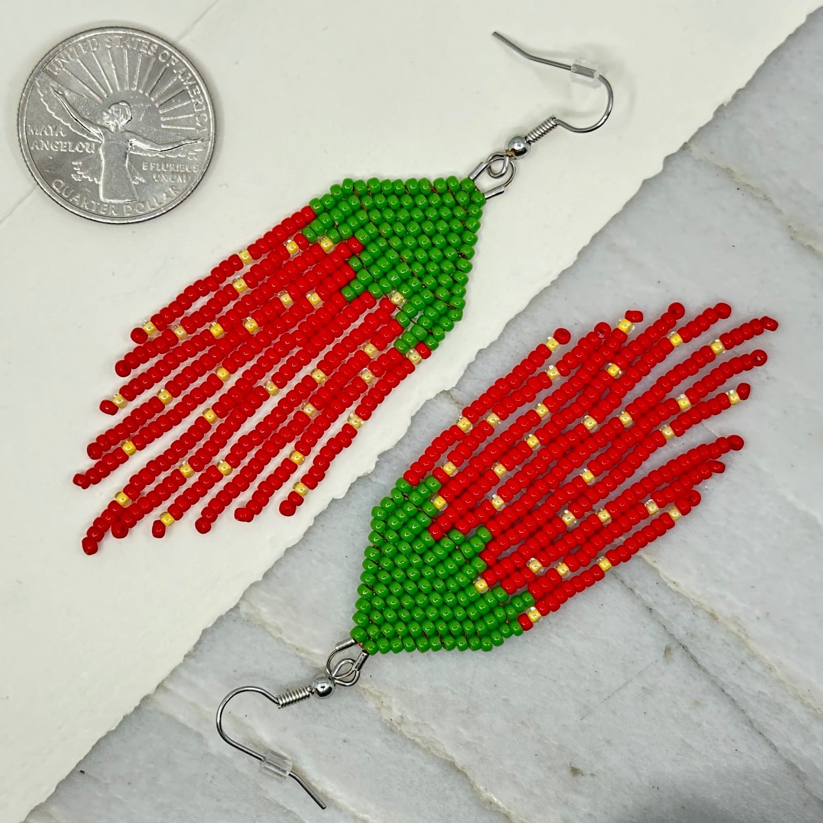 Pair of Strawberry Beaded Fringe Earrings with Stainless Steel Wires handmade in Montana USA by Aurum Shimmer, with scale