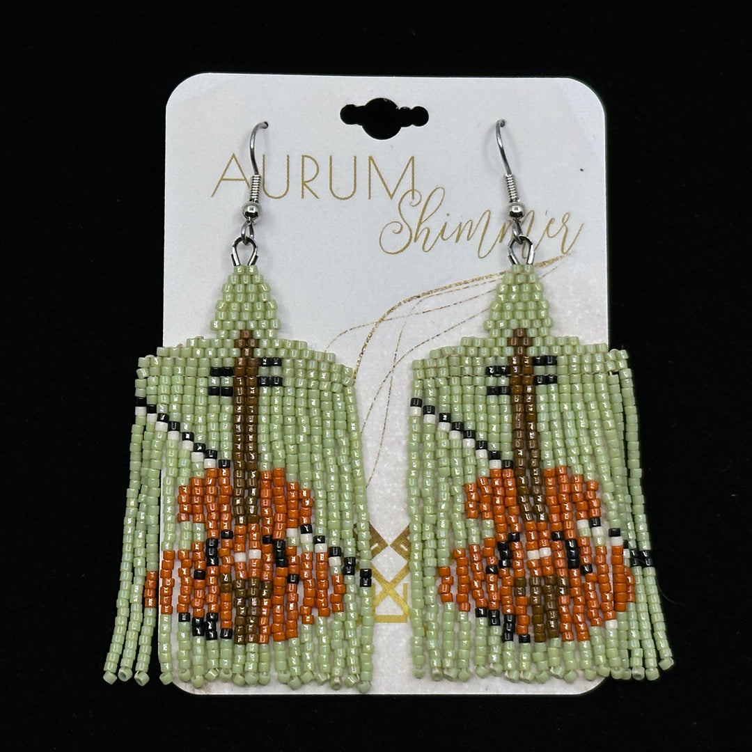 Pair of Violin Beaded Fringe Earrings with Stainless Steel Wires handmade in Montana USA by Aurum Shimmer, on card