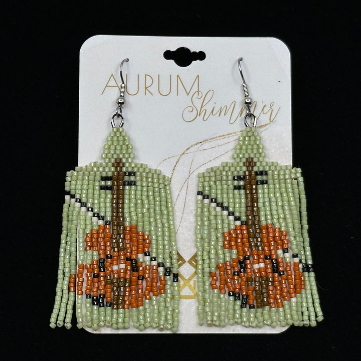Pair of Violin Beaded Fringe Earrings with Stainless Steel Wires handmade in Montana USA by Aurum Shimmer, on card