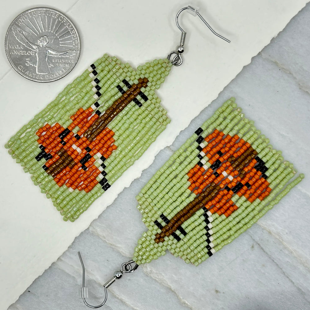 Pair of Violin Beaded Fringe Earrings with Stainless Steel Wires handmade in Montana USA by Aurum Shimmer, with scale