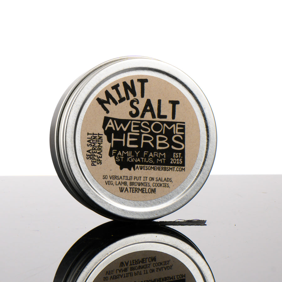 Awesome Herbs's Montana-grown Culinary Herbs - Mint Salt - in a metal tin for gifting or home use. 