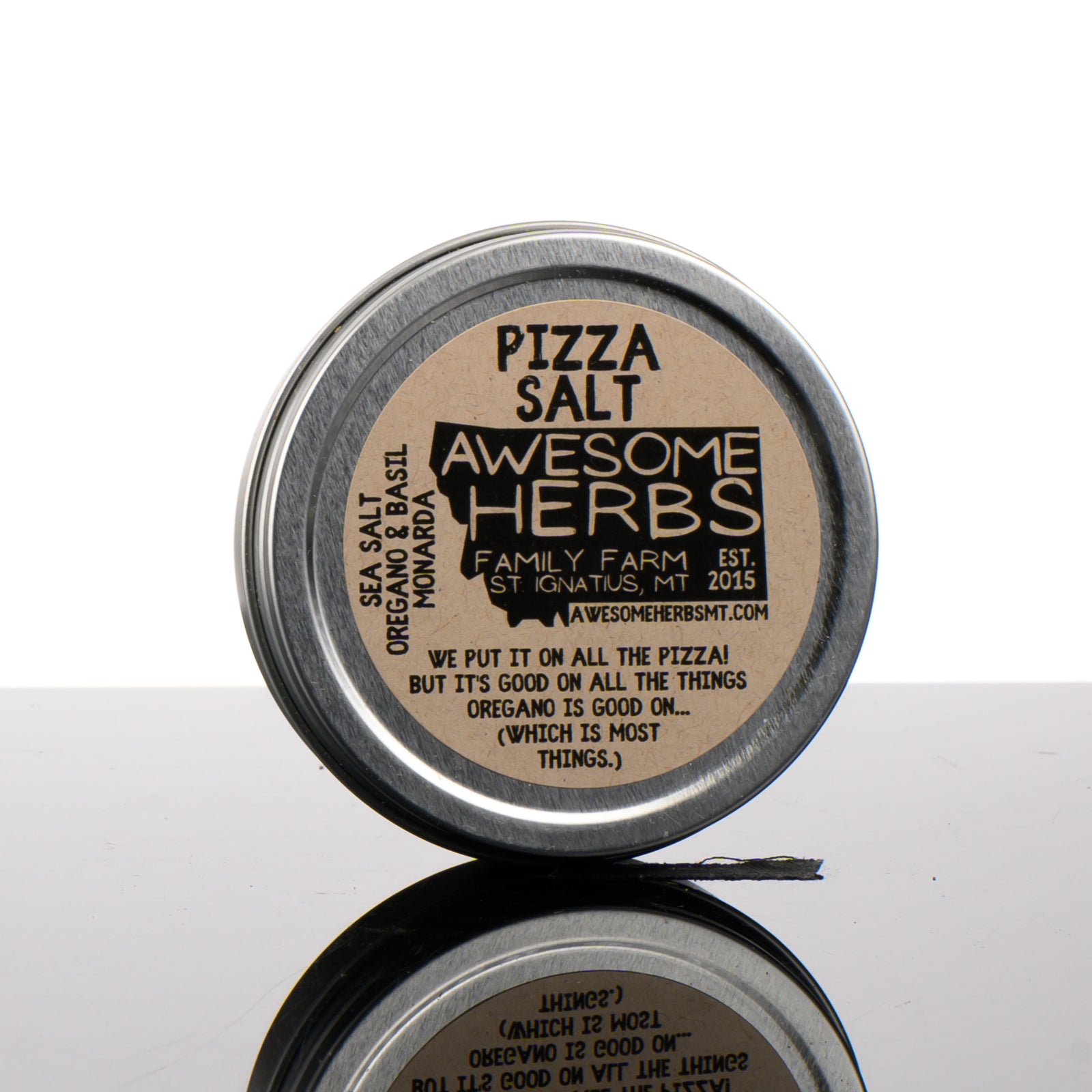 Awesome Herbs's Montana-grown Culinary Herbs - Pizza Salt - in a metal tin for gifting or home use.