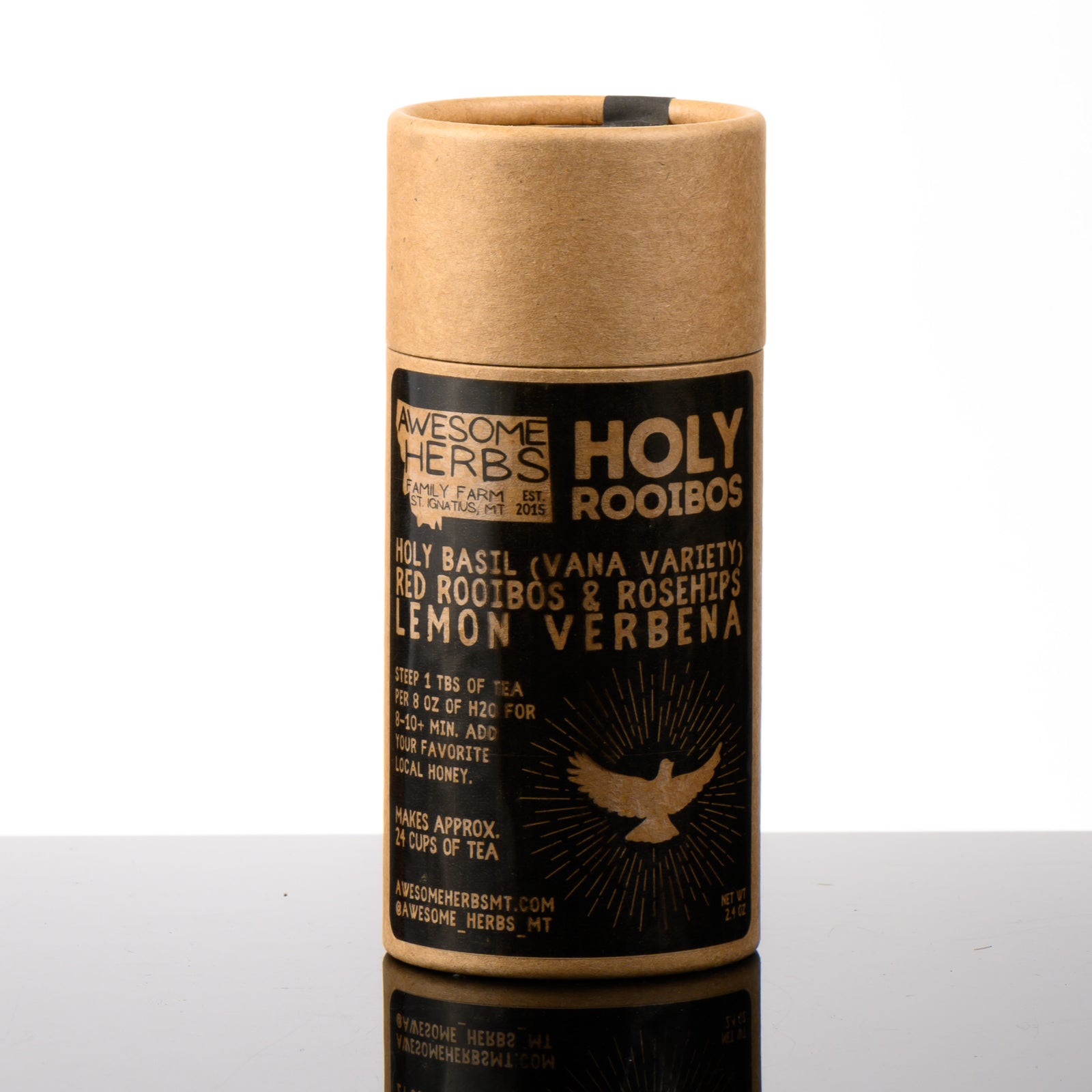 Awesome Herbs's Montana-grown loose leaf Holy Rooibos herbal tea (tisane) in a brown Kraft tube--the perfect gift for a tea lover.
