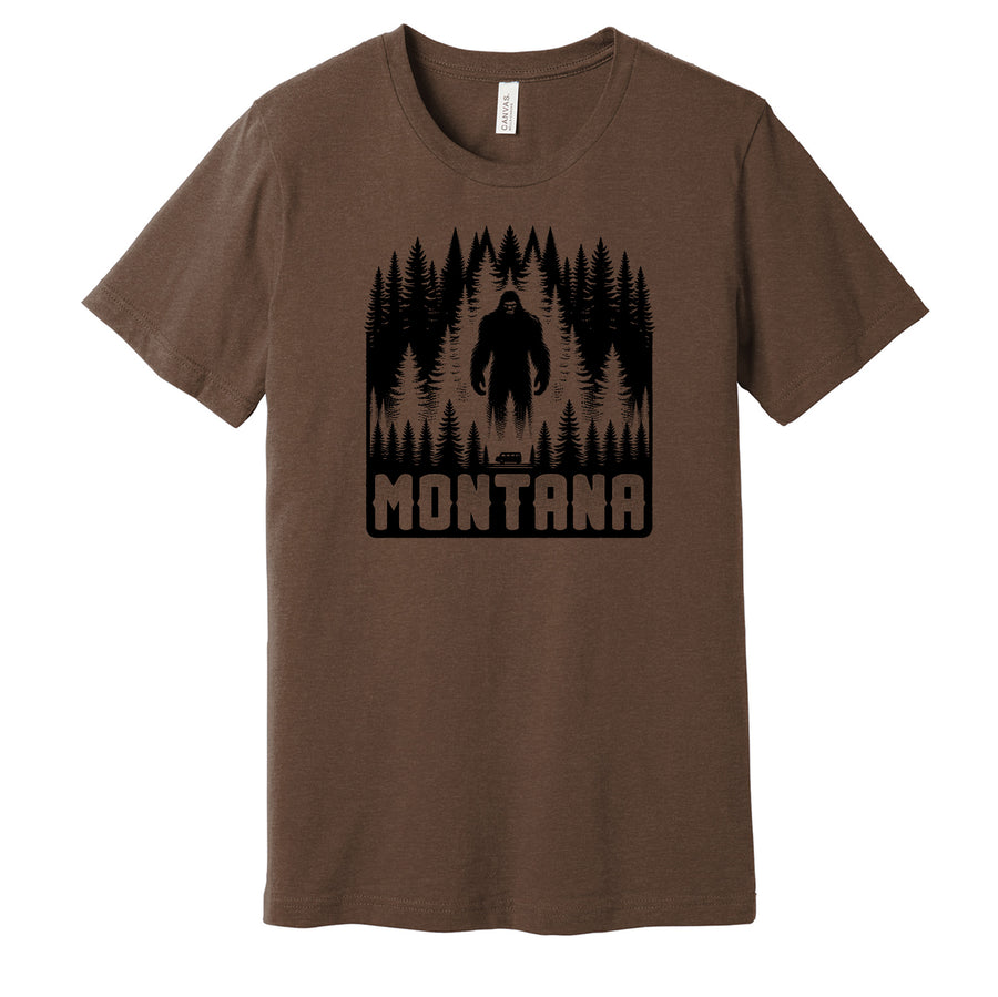 Heather Brown Unisex Soft Blend T-shirt printed with the Ominous Bigfoot design, by Blue Peak Creative