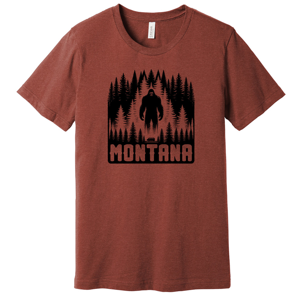 Heather Clay Unisex Soft Blend T-shirt printed with the Ominous Bigfoot design, by Blue Peak Creative