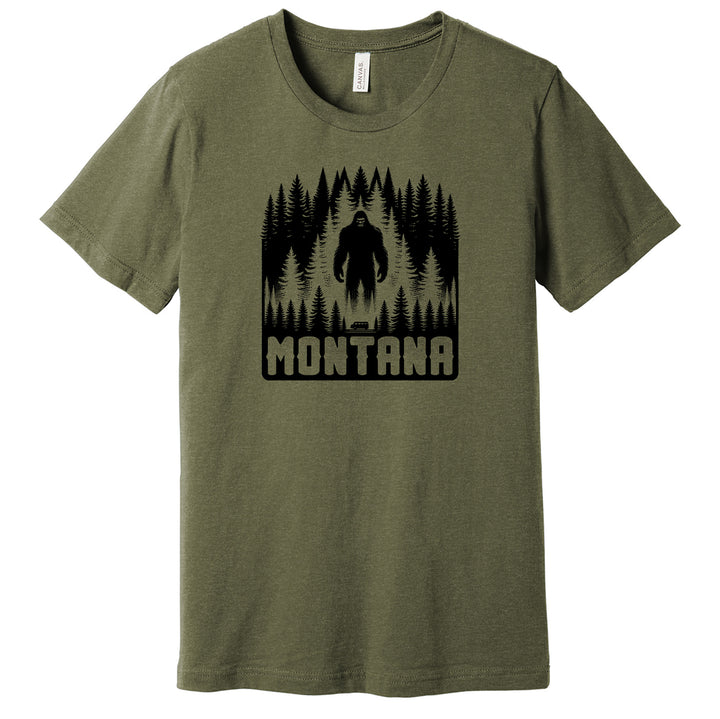 Heather Olive Unisex Soft Blend T-shirt printed with the Ominous Bigfoot design, by Blue Peak Creative