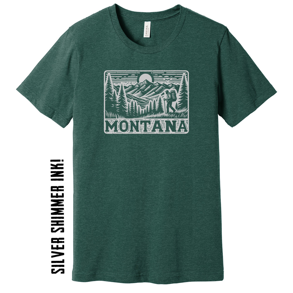 Heather Forest Green Unisex Soft Blend T-shirt printed with the Scenic Hike design, by Blue Peak Creative