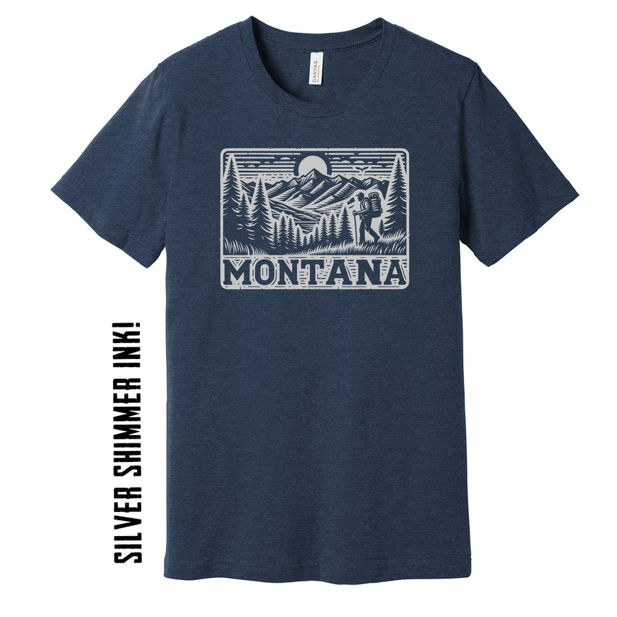 Heather Navy Unisex Soft Blend T-shirt printed with the Scenic Hike design, by Blue Peak Creative