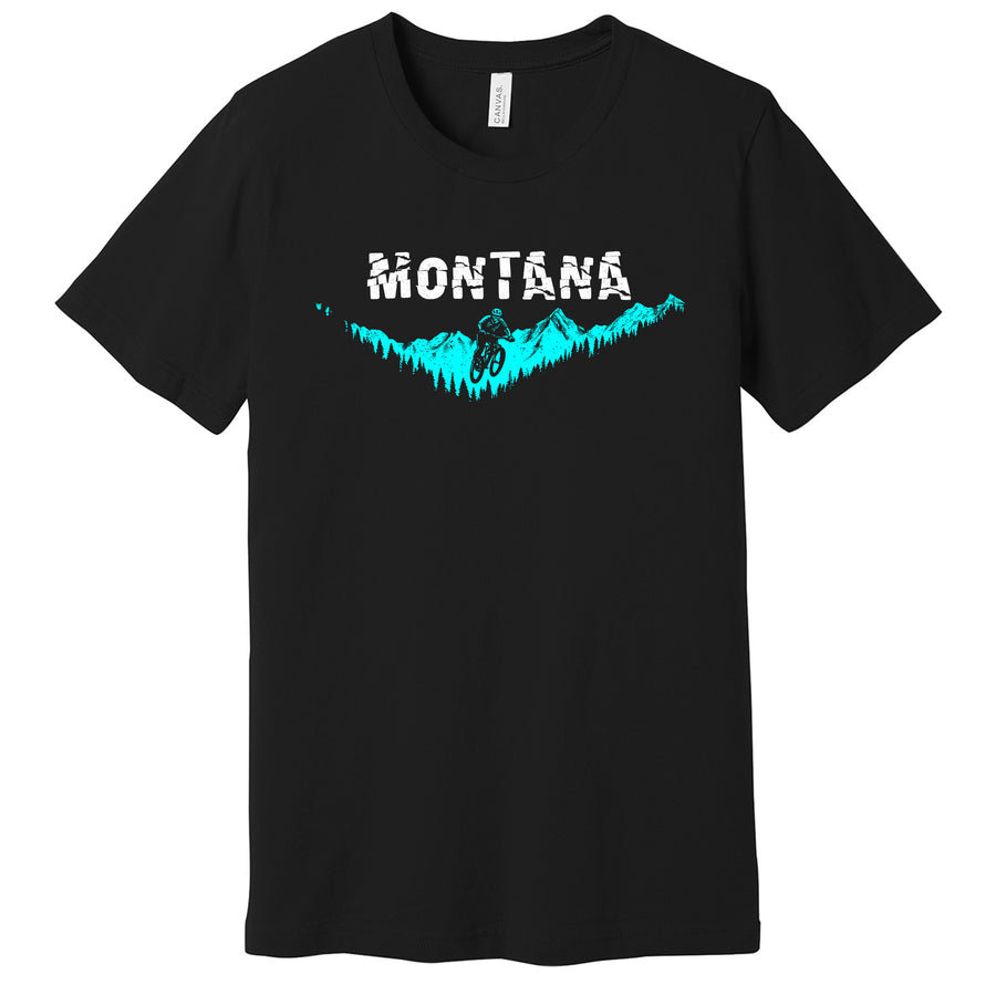 Black Unisex Soft Blend T-shirt printed with the Rip Mountain Bike design, by Blue Peak Creative