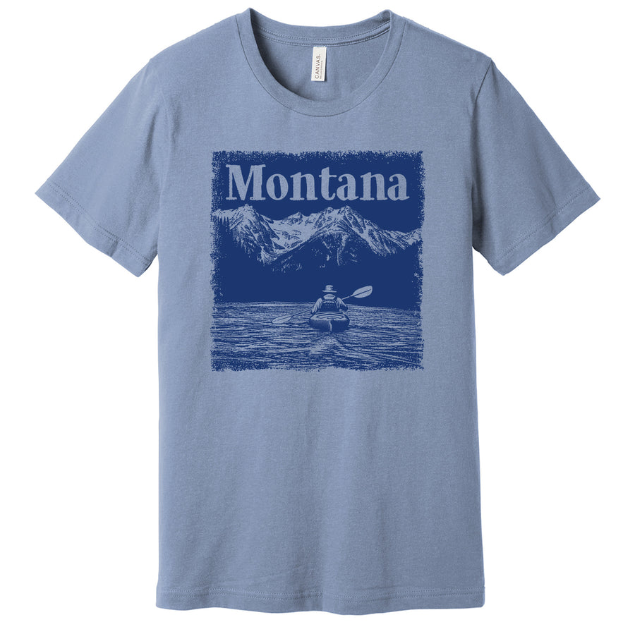 Heather blue Unisex Soft Blend T-shirt with the dark blue Kayak Stamp design by Blue Peak Creative