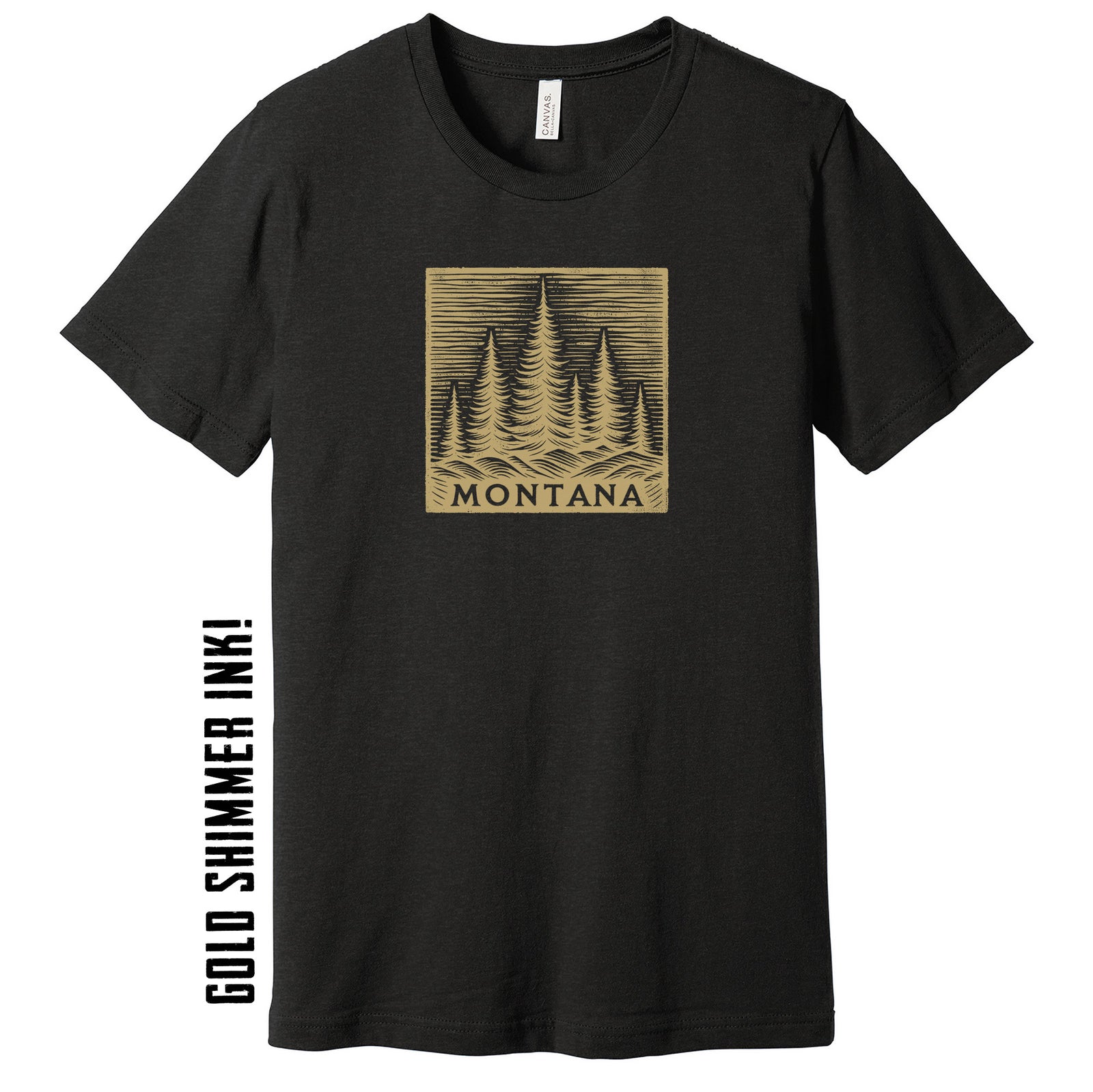 Black Unisex Soft Blend T-shirt printed with the Wood Carved Forest design, by Blue Peak Creative