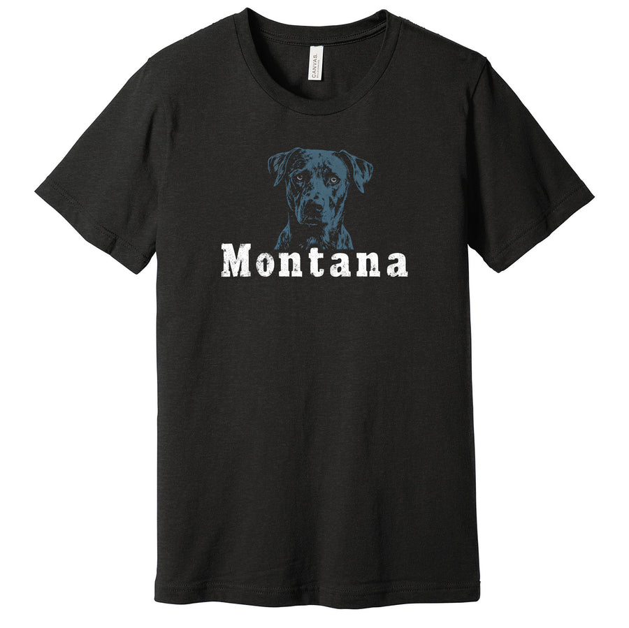 Black Unisex Soft Blend T-shirt printed with the Minimal Dog Montana design by Blue Peak Creative