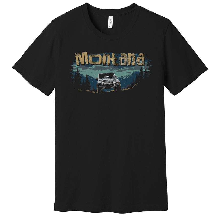 Black Unisex Soft Blend T-shirt printed with the Minimal Jeep Montana design, by Blue Peak Creative