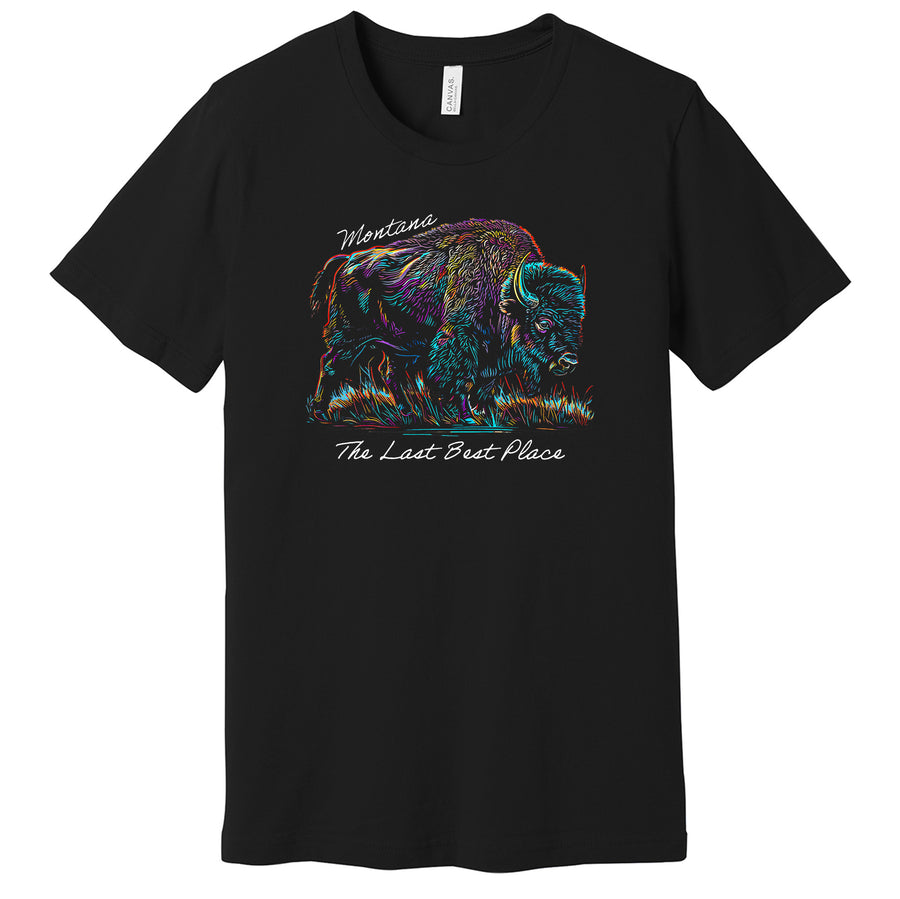 Black Unisex Soft Blend T-shirt printed with the Many-Color Bison design and the words 'Montana' and 'The Last Best Place' by Blue Peak Creative