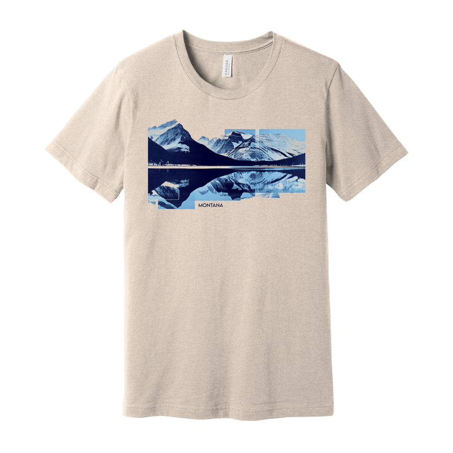 Heather Dust Unisex Soft Blend T-shirt printed with the Mountain Reflection Glitch design, by Blue Peak Creative