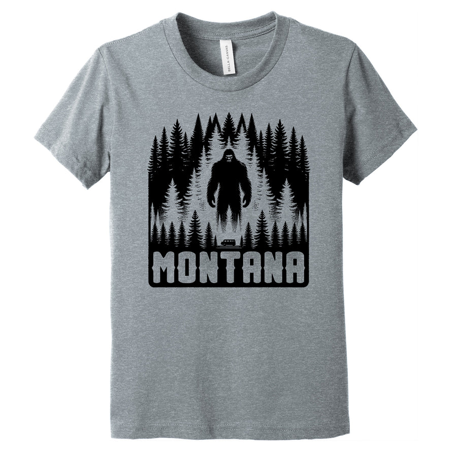 Athletic Heather Youth Soft Blend T-shirt printed with the Ominous Bigfoot design, by Blue Peak Creative
