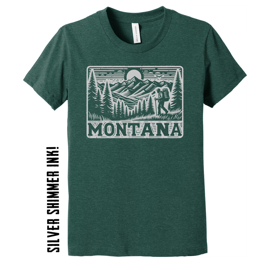 Forest Green Youth Soft Blend T-shirt printed with the Scenic Hike design, by Blue Peak Creative