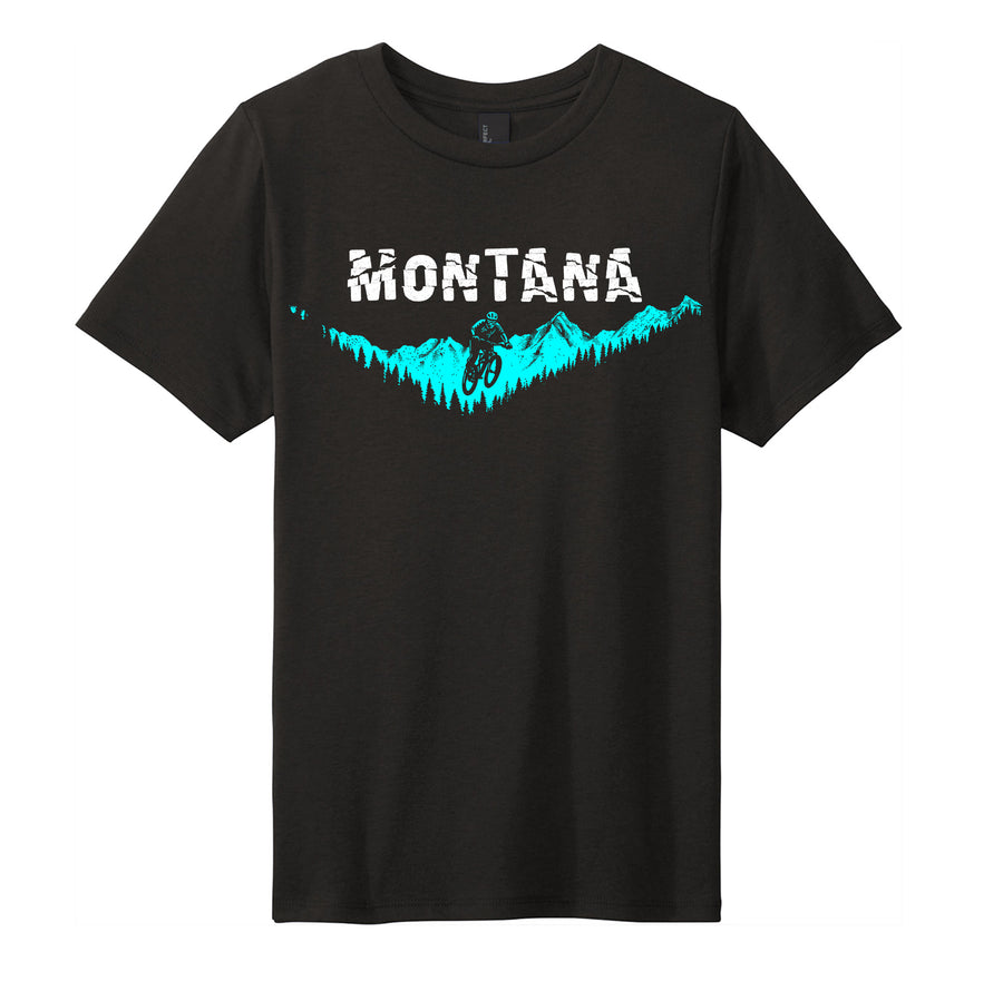 Black Youth Soft Blend T-shirt printed with the Rip Mountain Bike design, by Blue Peak Creative