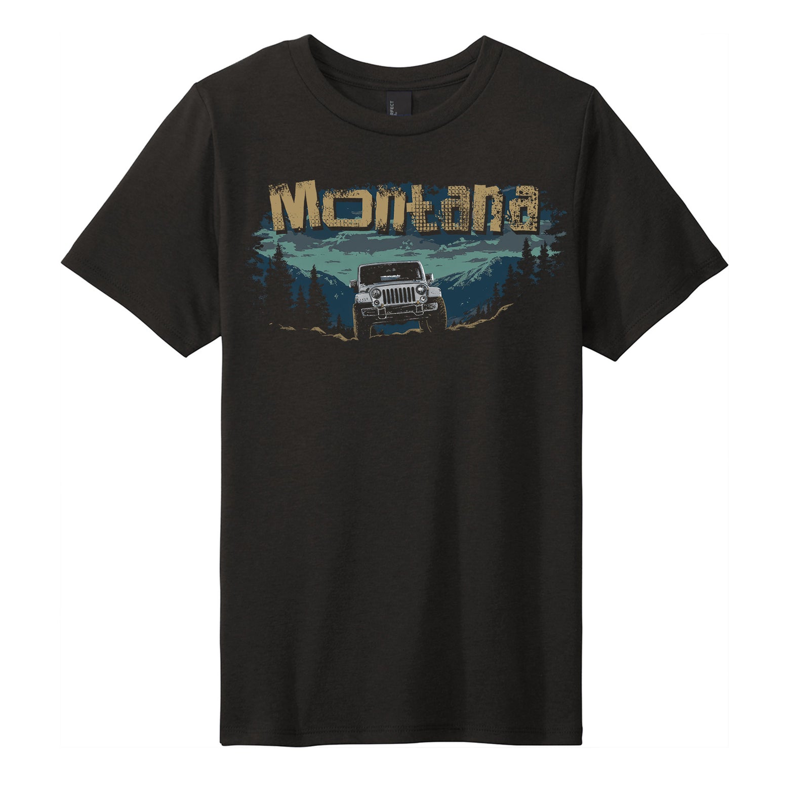 Black Youth Soft Blend T-shirt printed with the Minimal Jeep Montana design, by Blue Peak Creative