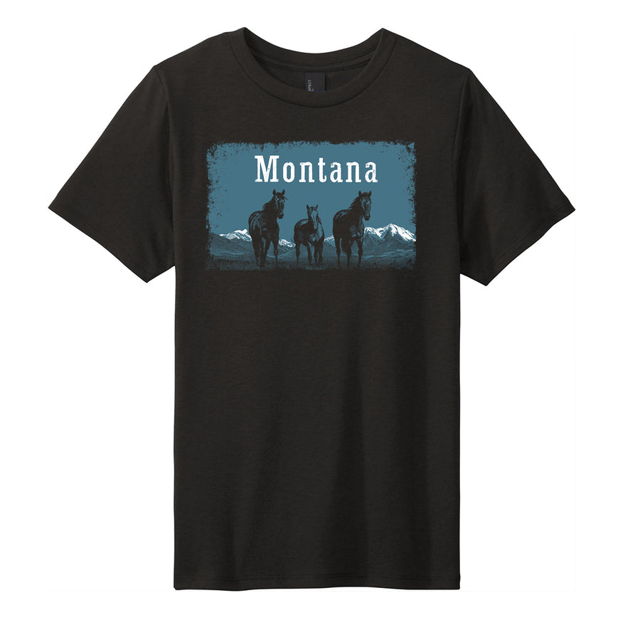 Black Youth Soft Blend T-shirt printed with the Wild Horses Montana design, by Blue Peak Creative