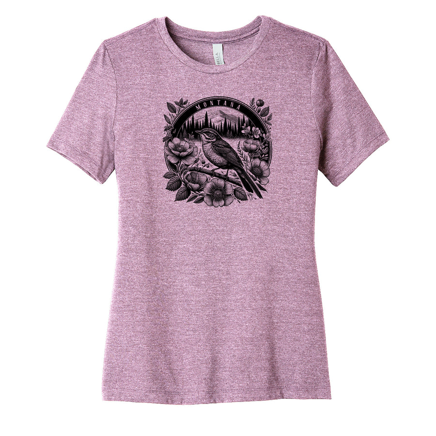 Heather Prism Lilac Ladies' Soft Blend T-shirt printed with the Meadowlark Flowers design by Blue Peak Creative