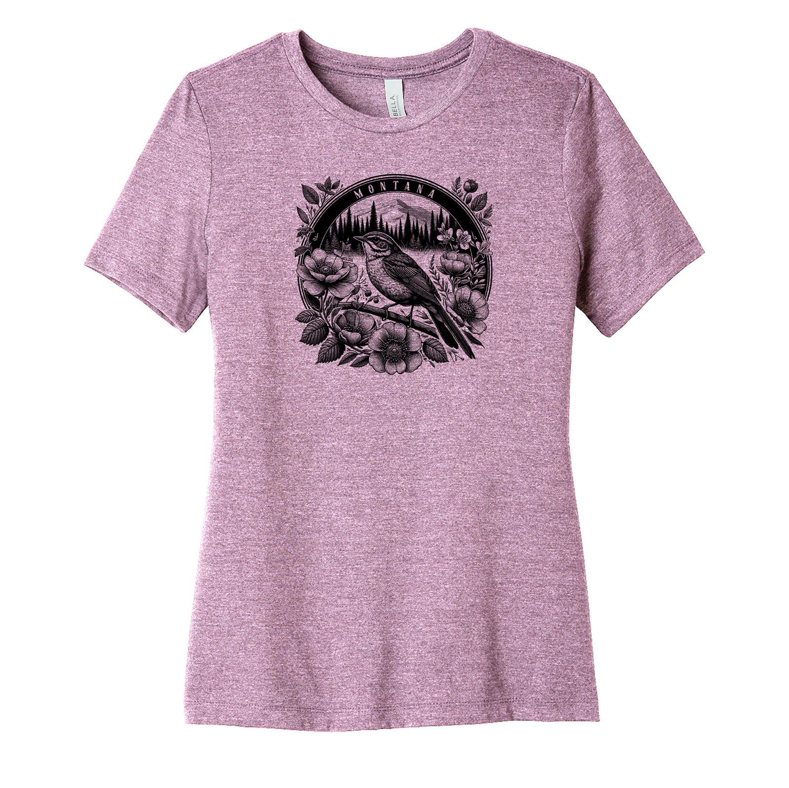 Heather Prism Lilac Ladies' Soft Blend T-shirt printed with the Meadowlark Flowers design by Blue Peak Creative