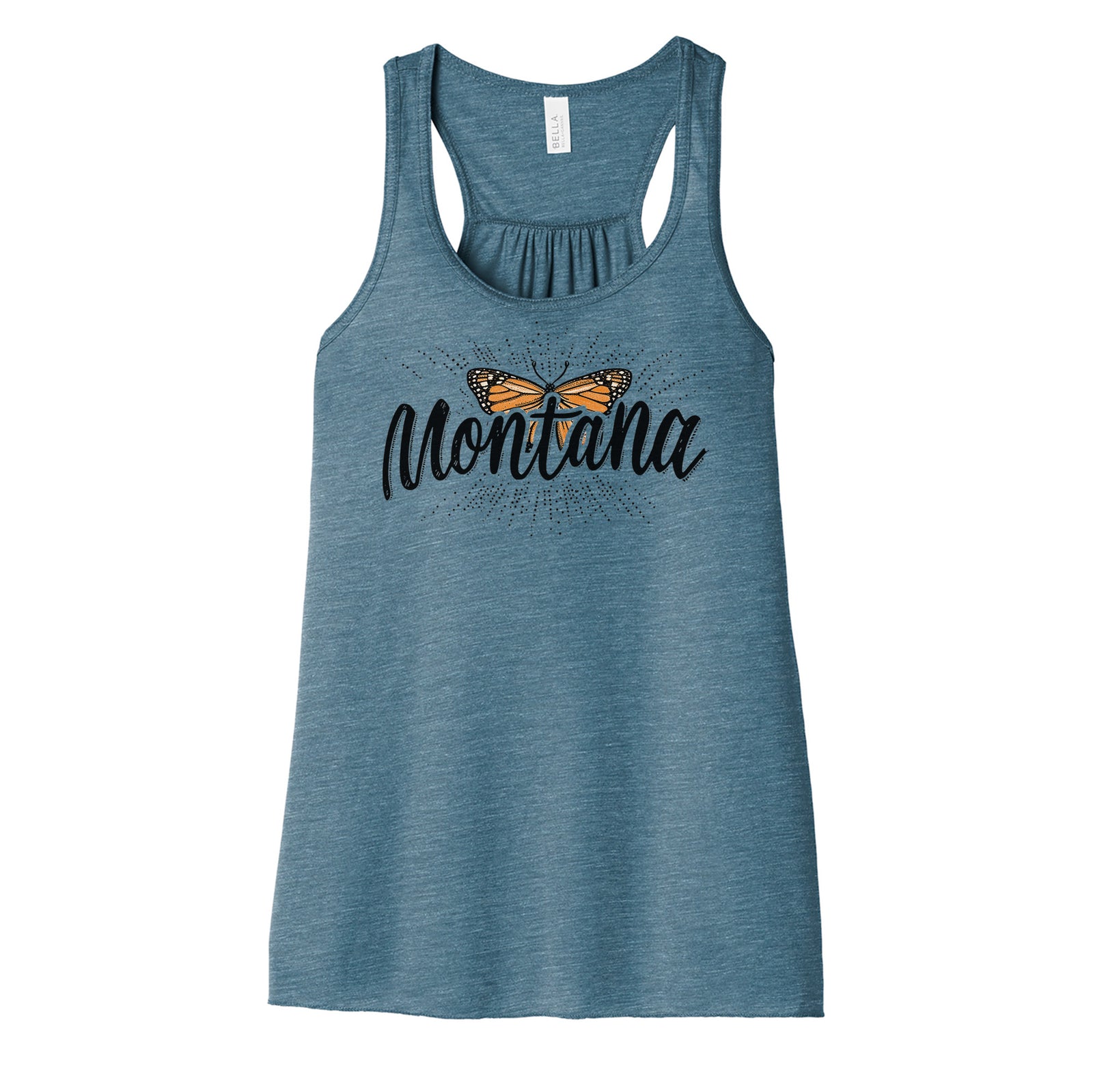 Denim-colored Ladies' Racerback Tank with Blue Peak Creative's orange Butterfly Montana design