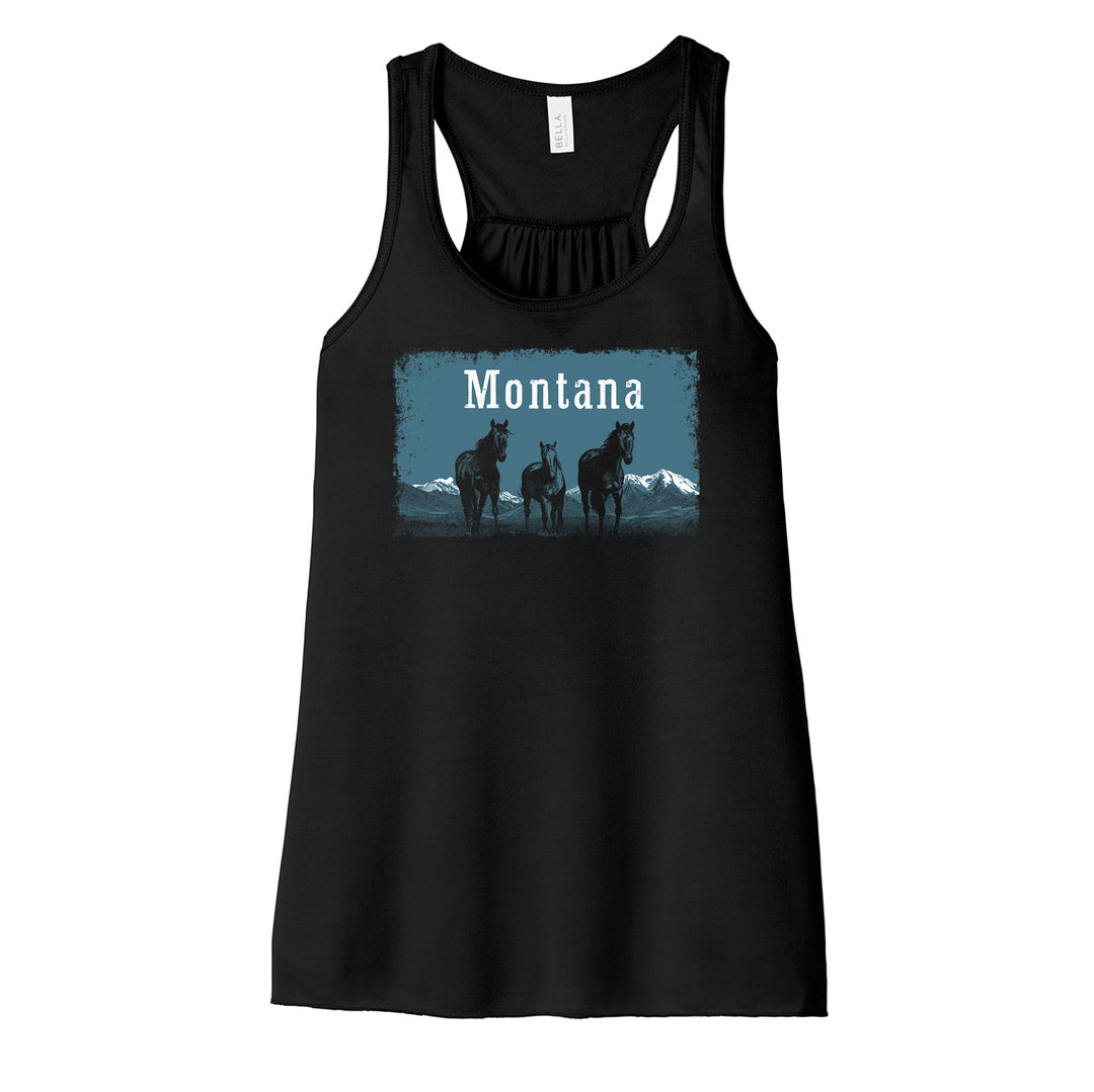 Black Ladies' Racerback Tank printed with the Wild Horses Montana design, by Blue Peak Creative