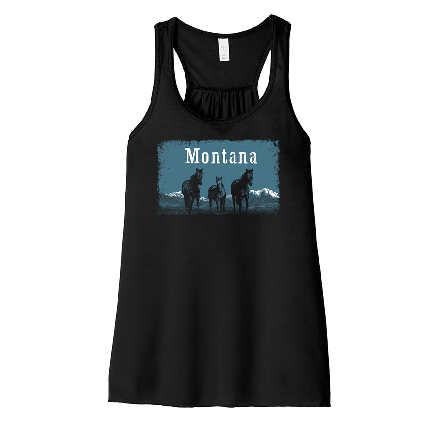 Black Ladies' Racerback Tank printed with the Wild Horses Montana design, by Blue Peak Creative