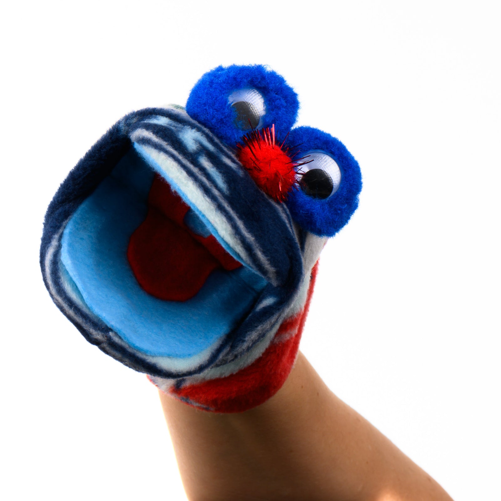 Handmade fleece hand puppet, white, blue, and red Taddy Wonkers (front), a made in Montana gift for kids and imaginative adults