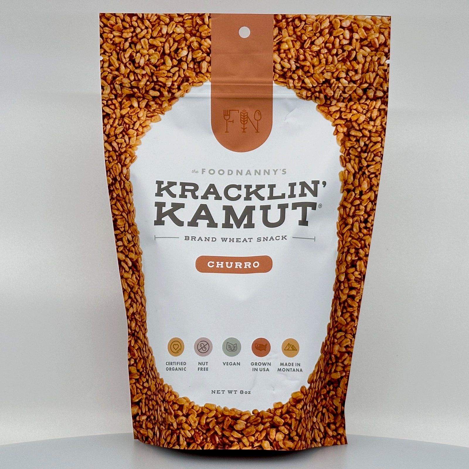 8 oz. bag of Churro flavored Kracklin Kamut wheat germ snack made with khorasan wheat grown in Montana by Big Sandy Organics, front