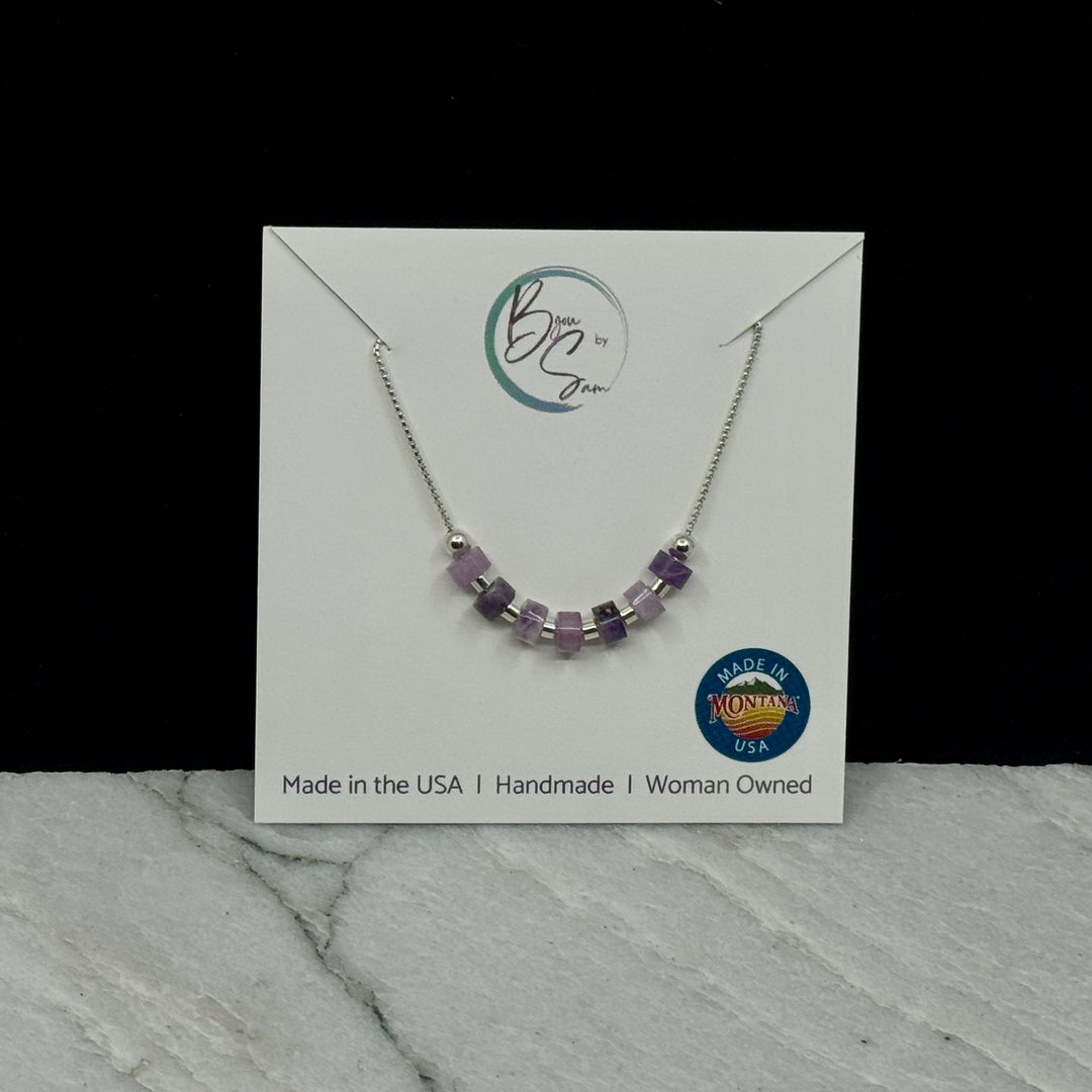 Bijou by Sam's Adjustable Sterling Silver Necklace with Amethyst beads, fine jewelry made in Montana