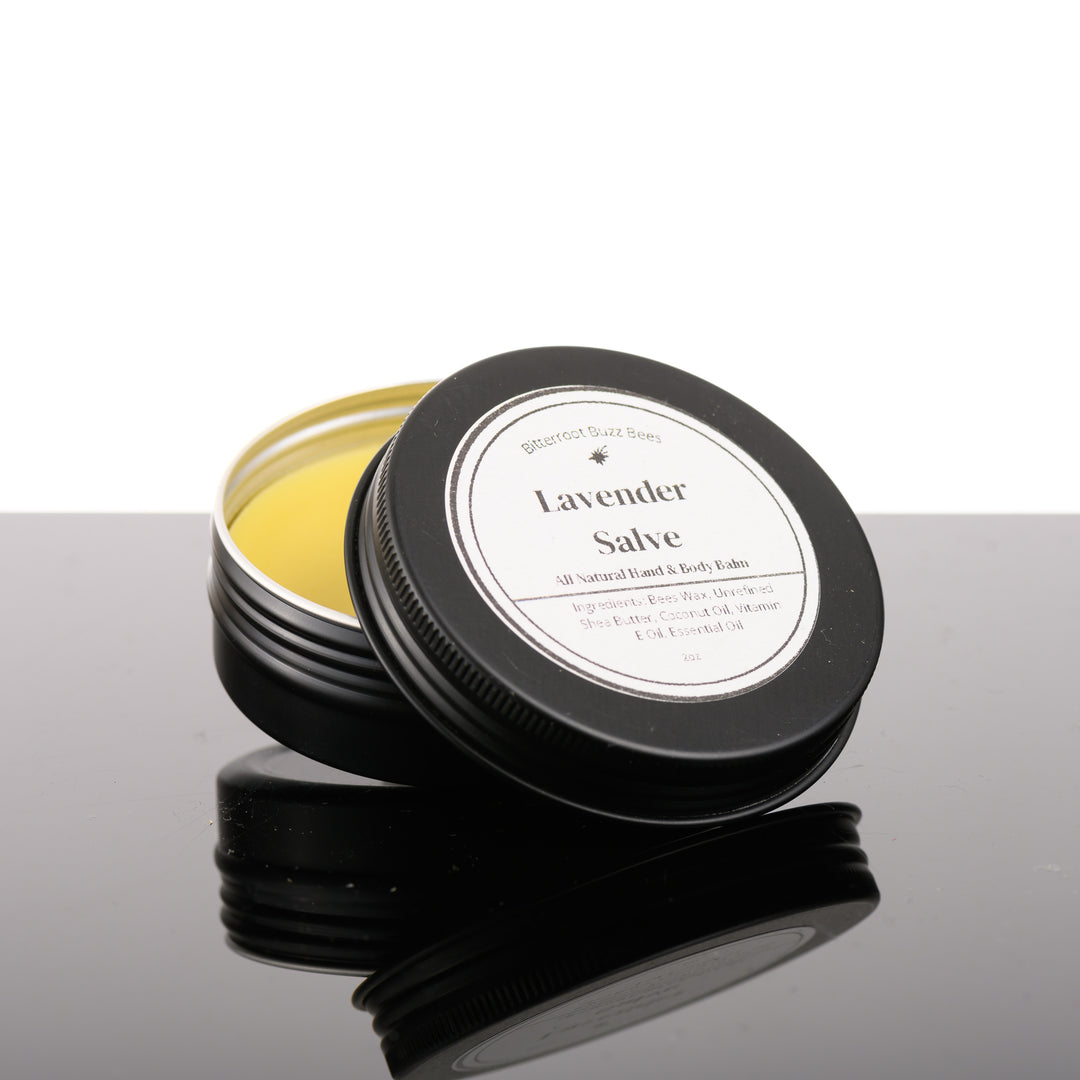 2 oz tin of Lavender Salve, made in Stevensville, Montana by Bitterroot Buzz Bees LLC, against a white background