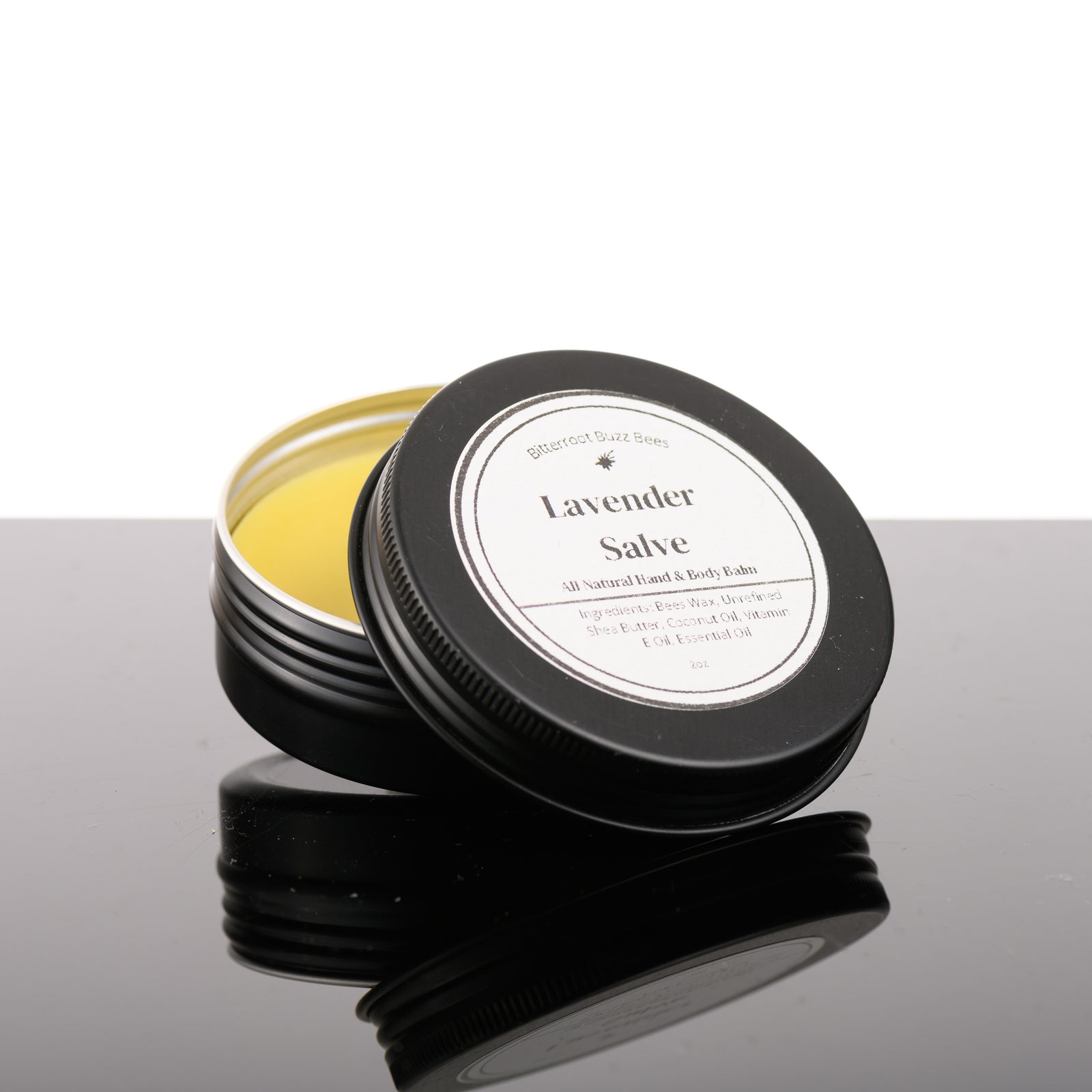 2 oz tin of Lavender Salve, made in Stevensville, Montana by Bitterroot Buzz Bees LLC, against a white background