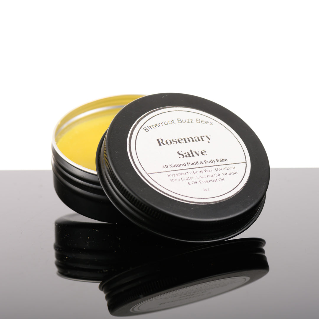 2 oz tin of Rosemary Salve, made in Stevensville, Montana by Bitterroot Buzz Bees LLC, against a white background