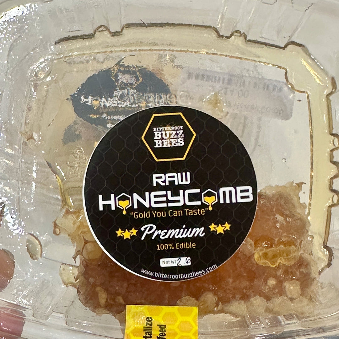 A close up of a label for 100% premium Montana honeycomb