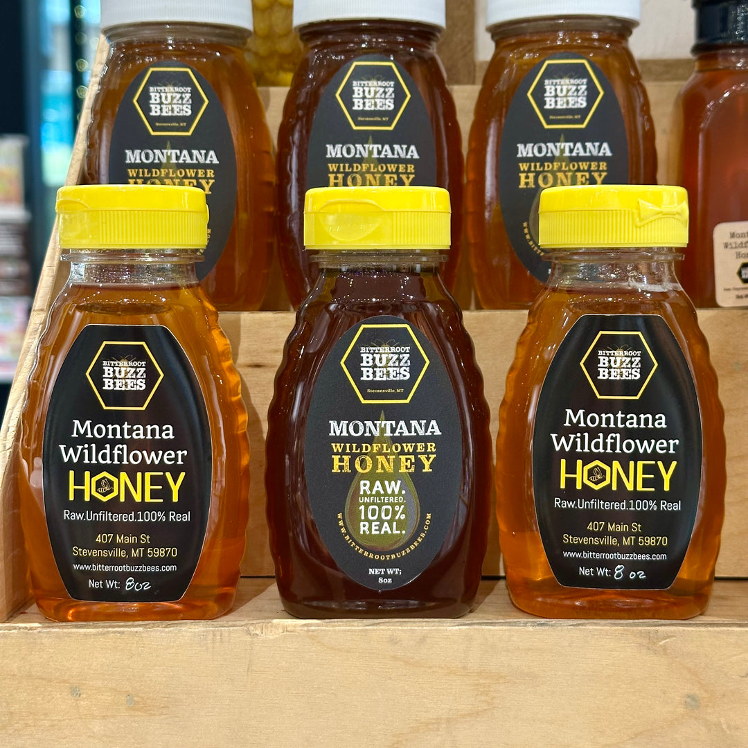8oz squeeze bottles of 100% raw Montana wildflower honey