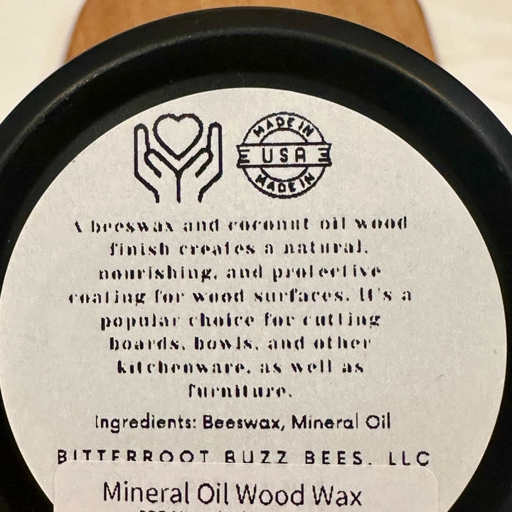 The back of a Beeswax and mineral oil wood wax