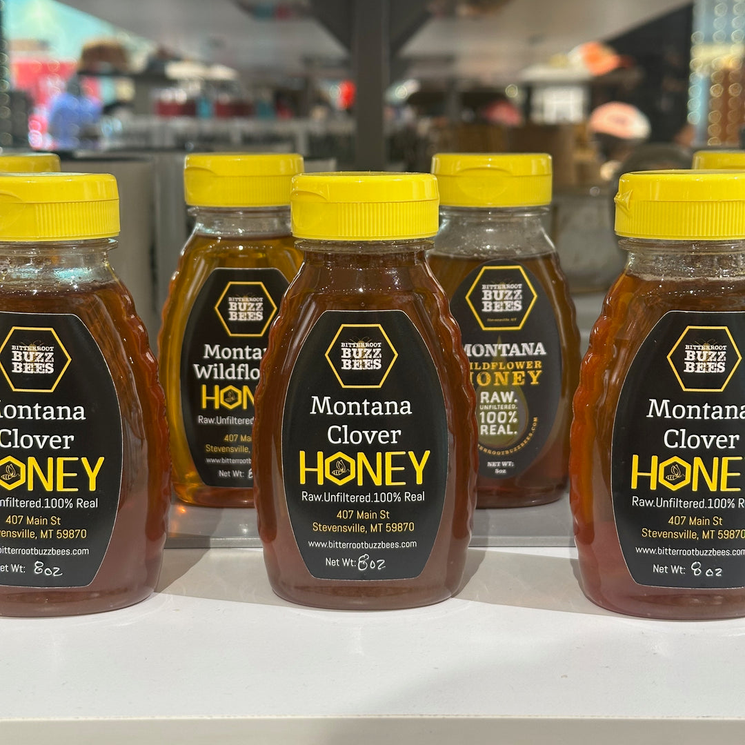 8oz squeeze bottles of 100% raw unfiltered Montana Clover Honey